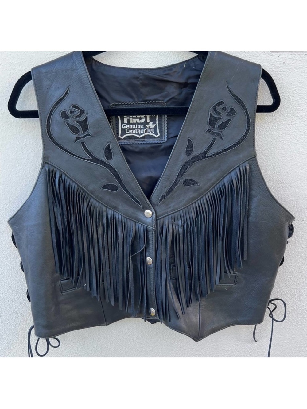Vintage 80s/90s Black Leather Fringe Concho Vest / Western Biker size L